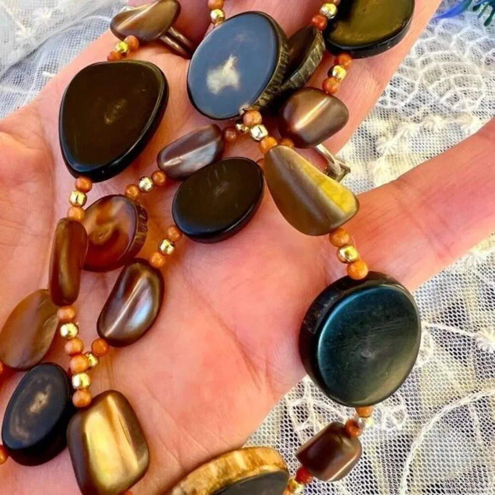 Vintage 70's Natural Horn, Coral & Abalone Shell Necklace 25”